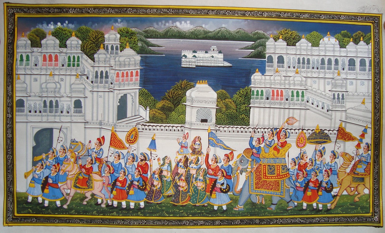MINIATURE PAINTING ON SILK -  KING PROCESSION ON GANGAUR FESTIVAL
