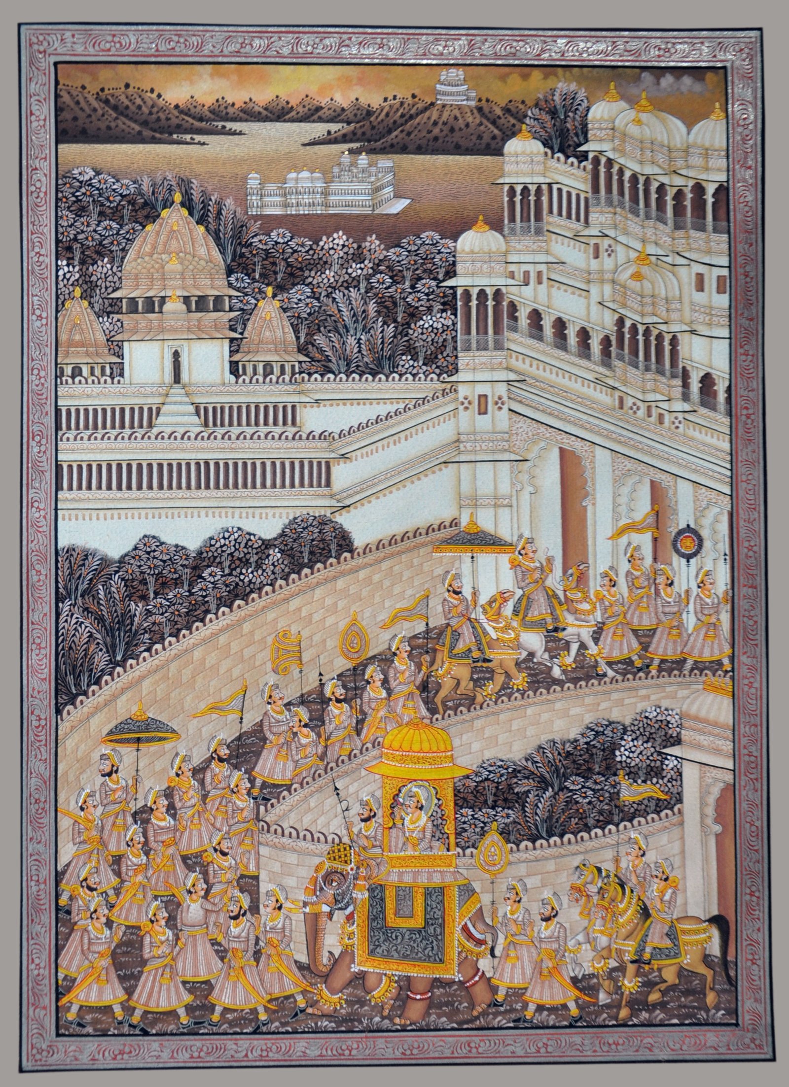 MINIATURE PAINTING ON SILK - KING PROCESSION
