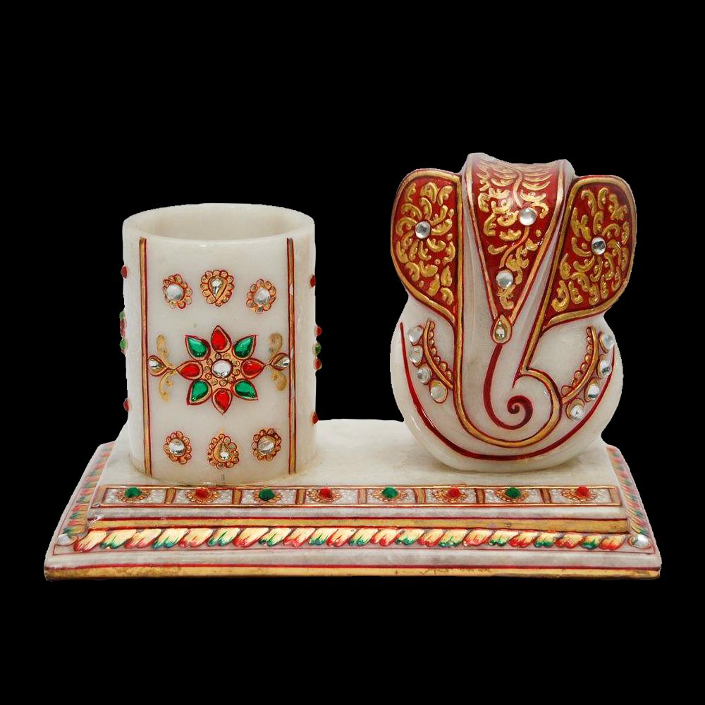WHITE MARBLE PEN STAND WITH GANPATI