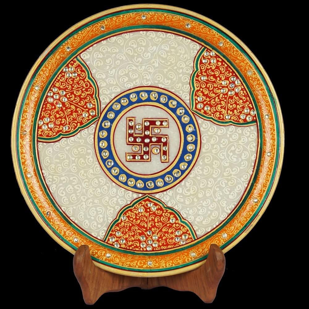 WHITE MARBLE SWASTIK PLATE